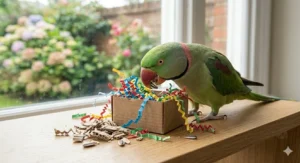 A parrot foraging for sunflower seeds hidden inside a shreddable cardboard box toy decorated with paper crinkle.