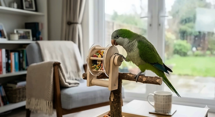An African Grey parrot successfully extracting a nut from a wooden foraging toy, demonstrating mental stimulation. foraging toys for parrots