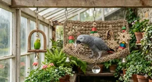 Alt text for image 5: A seagrass trapeze swing for larger birds with hanging toys to encourage natural foraging behaviour.