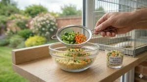 Finely chopped broccoli and carrots mixed into egg food for extra nutrients for breeding birds.
