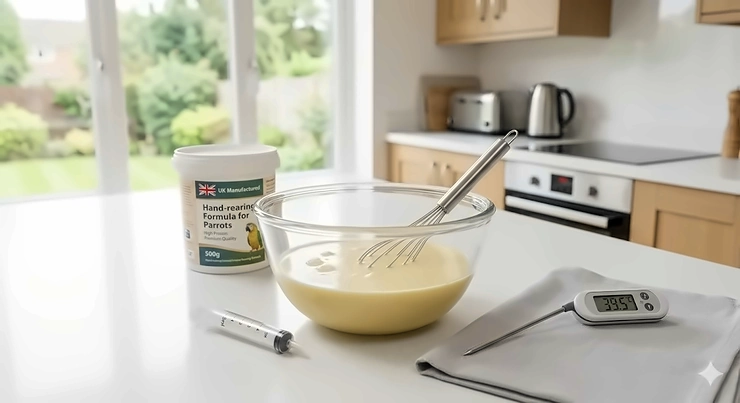 A close-up of high-quality parrot hand-rearing formula being mixed in a glass bowl to a smooth consistency, suitable for British avian hand-rearing standards. hand rearing formula for parrots