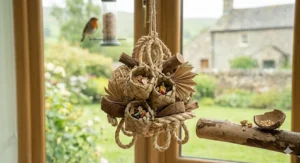 A hanging natural palm foraging toy filled with safe, sustainable materials for parrots.