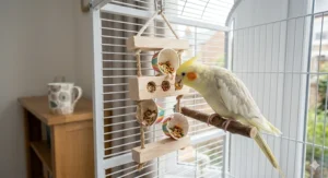 A stainless steel hanging kabob toy loaded with chopped broccoli and carrots to serve as a food hiding toy.