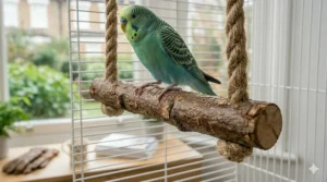 Illustration demonstrating how the wooden bird swing attaches securely to the top of a wire cage using a heavy-duty metal hook.