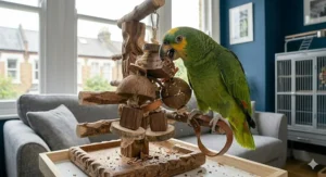A large Amazon parrot tearing apart a durable chew toy made from tough Java wood blocks and vegetable-tanned leather strips.
