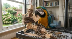 A large Blue and Gold Macaw enthusiastically destroying a heavy-duty shreddable toy made of thick cardboard and wooden blocks.