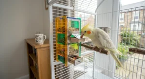 An eco-friendly food hiding toy made from recycled UK egg cartons and brown paper for pet birds.