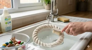 A person hand-washing a cotton rope bird swing in a white kitchen sink using a small scrubbing brush, next to a bottle of eco-friendly, bird-safe dish soap.