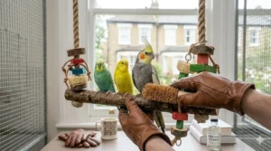 Infographic illustration showing how to safely clean and sanitise a natural wood bird swing using a brush and bird-safe disinfectant.