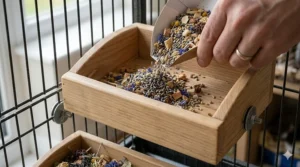A hand placing healthy bird treats and shredded paper into a wooden foraging box to encourage natural behaviour.