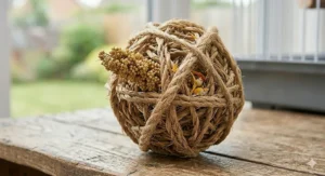 Detailed shot showing a willow foraging ball stuffed with millet sprays and dried botanical herbs.
