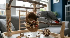 A Macaw cracking open a hanging coconut shell filled with hidden treats and natural fiber chew toys for parrots.