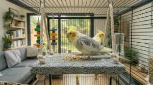 An alternative flat platform swing made from grey mineral lava stone, designed for trimming a cockatiel’s nails naturally during play.