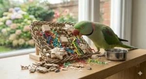 An Alexandrine parakeet staying mentally stimulated by pulling colourful paper strips from a woven seagrass mat.