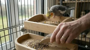 Illustration showing how a wooden foraging box provides essential mental stimulation for pet birds in the UK.