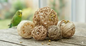 A variety pack of budgie foraging toys featuring loofah, rattan, and palm leaf textures.
