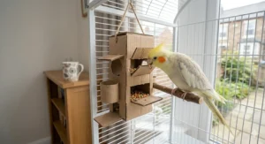 A bird-safe balsa wood block with pre-drilled holes for hiding food for cockatiels in a cage environment.