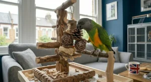 A Senegalese parrot holding a small hand-held pine cone and willow ball foot toy, showcasing interactive chew toys for parrots.