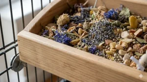 Close-up of the sustainably sourced, kiln-dried pine used in the wooden foraging box for birds.