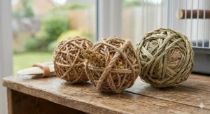 A set of three hand-woven seagrass foraging balls for budgies on a rustic wooden surface.