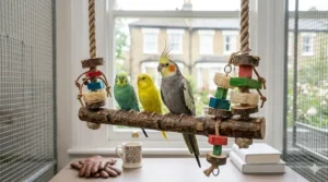 A rustic wood bird swing decorated with pet-safe hanging loofah slices and colourful wooden blocks for enrichment and chewing.
