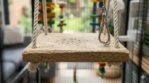 Close-up of a handmade wooden platform swing for small parrots, highlighting the textured bark texture and safe metal hanging hooks.