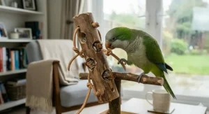 A hanging parrot toy made from bird-safe natural wood and Java branches with drilled holes for hiding dried fruit.