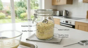 An easy-to-read chart detailing the essential proteins, fats, and vitamins found in premium parrot hand-rearing formulas for healthy chick development.