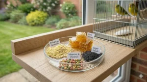 Close-up of essential ingredients in bird egg food including dried egg products, honey, and vitamins.
