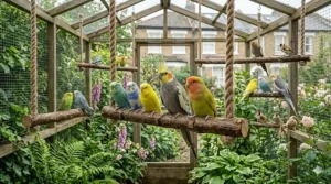 A scenic illustration of an outdoor British garden aviary with several natural wood bird swings hanging among leafy green branches.