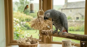 A colourful bird swing crafted from natural woven palm leaves and sisal rope.