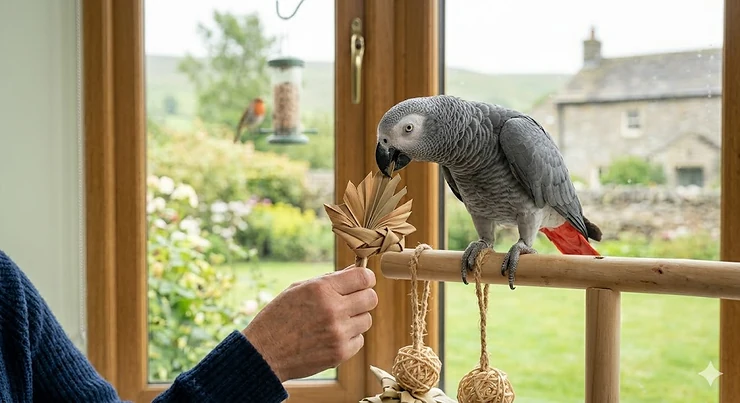 A handmade palm leaf flower toy, perfect for keeping pet birds mentally stimulated. natural palm bird toys