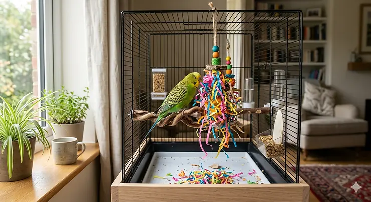 A bright green budgie happily shredding a colourful paper hanging toy inside its cage. paper shredding toys for budgies