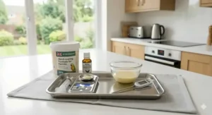 A clean tray containing essential hand-rearing tools including sterile syringes, a digital thermometer, and a tub of British-brand parrot formula.