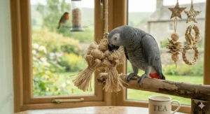 A parrot happily playing with an interactive natural palm bird toy in its cage.