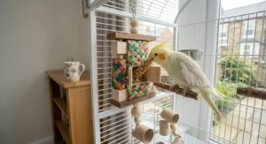 A small rolling wicker ball filled with oat groats, used as an interactive food hiding toy for cockatiels.