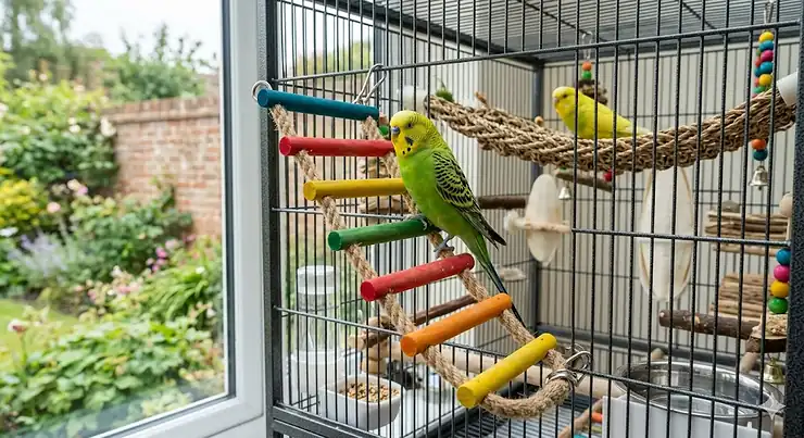 A green budgie climbing a flexible rope ladder for budgies made from natural wood rungs and sisal rope inside a domestic bird cage. rope ladder for budgies