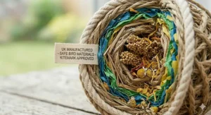 Macro view of bird-safe, non-toxic fibres and natural dyes used in UK-manufactured foraging balls.