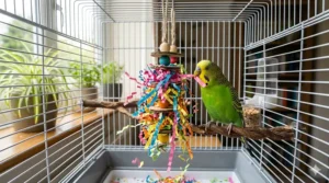 An overview of safe materials for budgie toys including untreated crinkle paper, cardboard tubes, and natural seagrass.