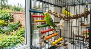 Close-up illustration of bird-safe materials featuring untreated birch wood rungs and non-toxic, unbleached natural sisal rope details.