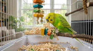 An illustration of safe, non-toxic balsa wood bird toys dyed with pet-safe food colouring.