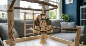 Close-up of a bird safe chew toy for parrots made from multi-coloured untreated balsa wood and vegetable dyes.