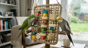 A seagrass activity wall for parrots decorated with colourful wooden blocks and woven pouches for hiding treats.