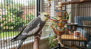 A small pet cockatiel shredding a balsa wood and paper cupcake liner toy inside a clean bird cage.