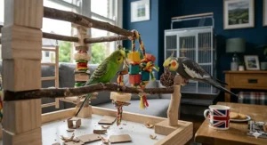 A yellow budgie shredding a loofah and cardboard hanging toy, showing lightweight chew toys for small parrots.