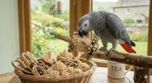 A bird pecking at a soft, eco-friendly natural palm leaf shredding toy.