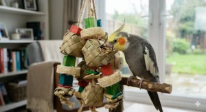 A cockatiel playing with a colourful woven palm leaf shredding toy, a popular type of foraging activity for smaller birds.