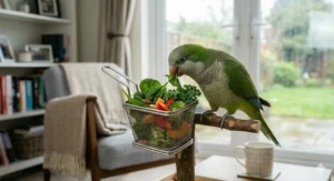 A durable stainless steel foraging basket filled with fresh leafy greens and chopped vegetables for a pet parrot.