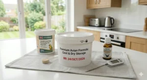 A tub of parrot formula stored in a cool, dry cupboard with the lid tightly sealed to maintain nutritional integrity and freshness.