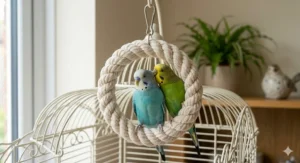 A blue budgie and a green budgie perched side by side, sharing a thick, circular cotton rope bird swing inside a birdcage near a window.